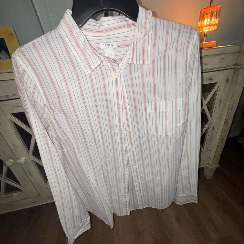 J. Crew White and Pink Casual Button Down Shirt